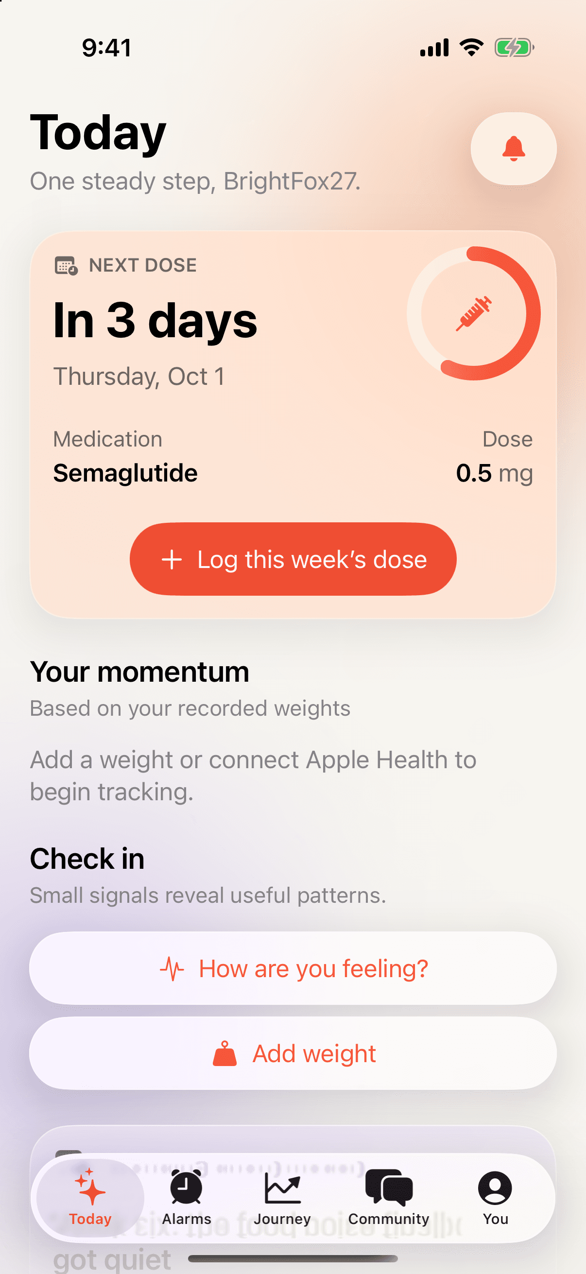 The Today screen: next dose in 3 days, Thursday, October 1, semaglutide 0.5 mg, with a button to log this week’s dose and check-in shortcuts for feelings and weight.